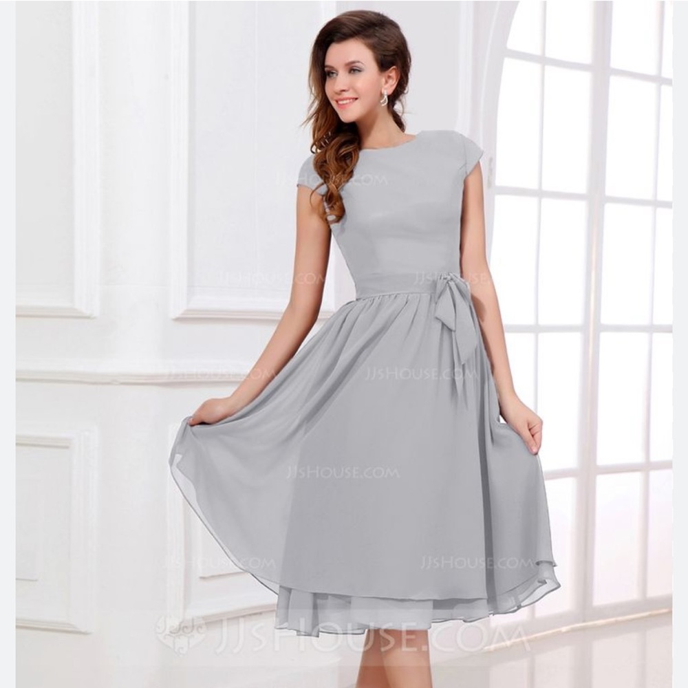 JJ’S House # 17303 Grey Chiffon Knee-length Bridesmaid Dress w/ Cap Sleeves